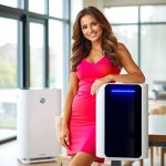 Beautiful woman smiling beside a modern air purifier in a bright room, highlighting the best affiliate strategies for promoting air purifiers for allergies on Amazon.