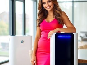 Beautiful woman smiling beside a modern air purifier in a bright room, highlighting the best affiliate strategies for promoting air purifiers for allergies on Amazon.