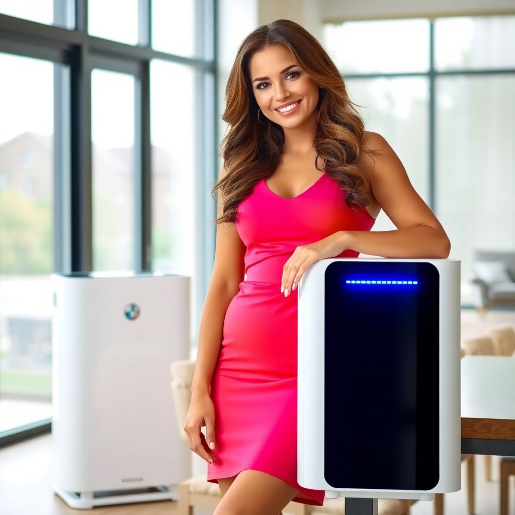 Beautiful woman smiling beside a modern air purifier in a bright room, highlighting the best affiliate strategies for promoting air purifiers for allergies on Amazon.