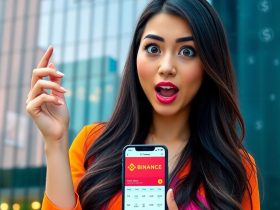 A woman in a bright orange and pink outfit holds a smartphone showing Best Binance Red Packet codes to earn money online, with a surprised and excited expression. The modern glass building background reflects a futuristic cityscape, with digital currency symbols faintly visible, capturing a 2025 tech vibe.