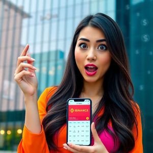 A woman in a bright orange and pink outfit holds a smartphone showing Best Binance Red Packet codes to earn money online, with a surprised and excited expression. The modern glass building background reflects a futuristic cityscape, with digital currency symbols faintly visible, capturing a 2025 tech vibe.