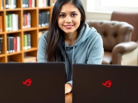 Stunning woman with gaming laptops, perfect for Boost Your Commissions Gaming laptops students