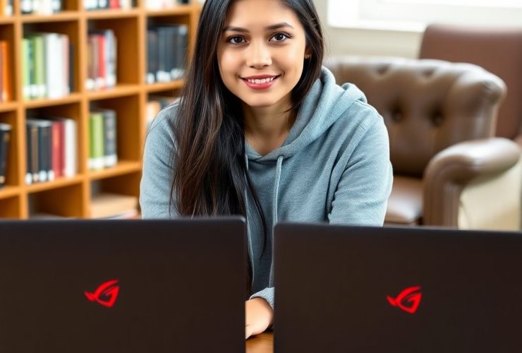 Stunning woman with gaming laptops, perfect for Boost Your Commissions Gaming laptops students