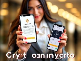 A woman in a white blouse and gray blazer holds two smartphones displaying Binance Red Packet and crypto app interfaces, promoting Free USDT codes for Binance Red Packet 2025, with a blurred tech-themed background.