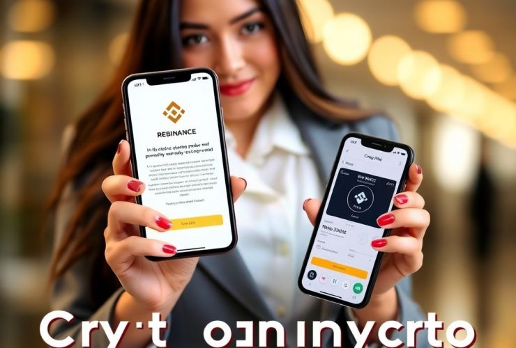 A woman in a white blouse and gray blazer holds two smartphones displaying Binance Red Packet and crypto app interfaces, promoting Free USDT codes for Binance Red Packet 2025, with a blurred tech-themed background.