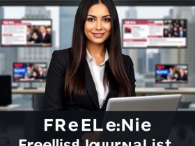 A woman in a black blazer holding a laptop in a modern office with digital screens showing news articles in the background, promoting freelance journalism jobs with high pay.