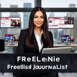 A woman in a black blazer holding a laptop in a modern office with digital screens showing news articles in the background, promoting freelance journalism jobs with high pay.