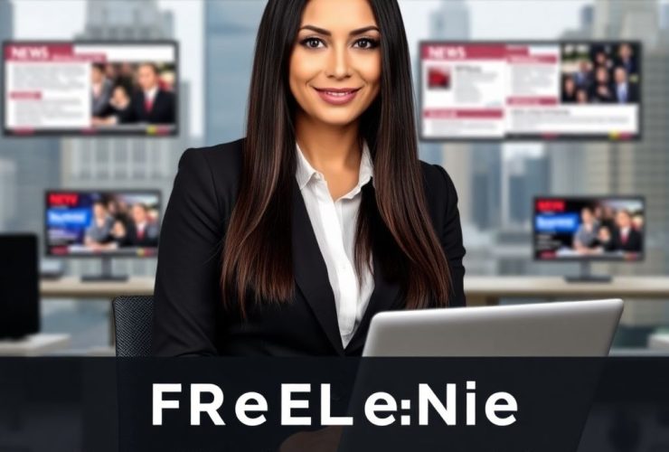 A woman in a black blazer holding a laptop in a modern office with digital screens showing news articles in the background, promoting freelance journalism jobs with high pay.