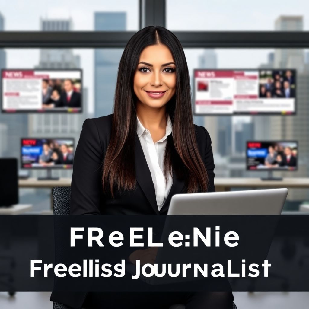 A woman in a black blazer holding a laptop in a modern office with digital screens showing news articles in the background, promoting freelance journalism jobs with high pay.