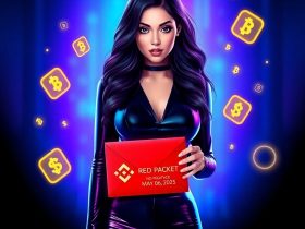 A woman in a black outfit holds a How to claim Binance Red Packet for free crypto daily"May 06, 2025," surrounded by glowing cryptocurrency symbols against a neon blue and purple background, in a vibrant digital art style.