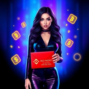 A woman in a black outfit holds a How to claim Binance Red Packet for free crypto daily"May 06, 2025," surrounded by glowing cryptocurrency symbols against a neon blue and purple background, in a vibrant digital art style.