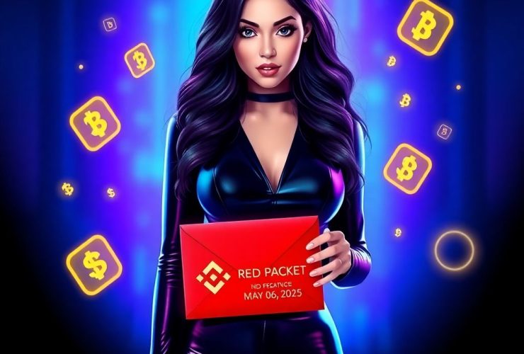 A woman in a black outfit holds a How to claim Binance Red Packet for free crypto daily"May 06, 2025," surrounded by glowing cryptocurrency symbols against a neon blue and purple background, in a vibrant digital art style.