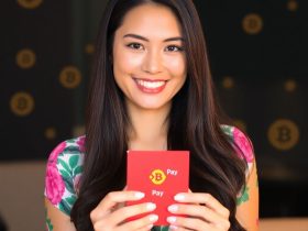 A smiling woman with long dark hair holding a red Make money online with Binance Pay Red Packet giveaways, wearing a vibrant floral dress, with digital currency symbols in the background.