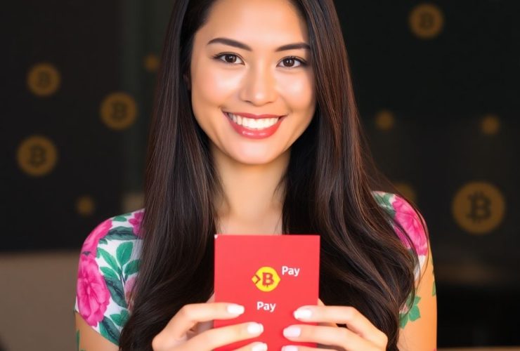A smiling woman with long dark hair holding a red Make money online with Binance Pay Red Packet giveaways, wearing a vibrant floral dress, with digital currency symbols in the background.