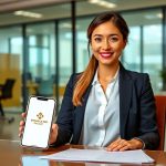 A woman in a dark blazer and white shirt sits at a desk, holding a smartphone with "Passive income with Binance Red Packet crypto rewards" text and logo on the screen, in a modern office setting with large windows.
