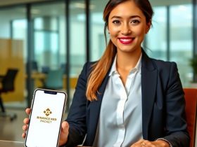 A woman in a dark blazer and white shirt sits at a desk, holding a smartphone with "Passive income with Binance Red Packet crypto rewards" text and logo on the screen, in a modern office setting with large windows.
