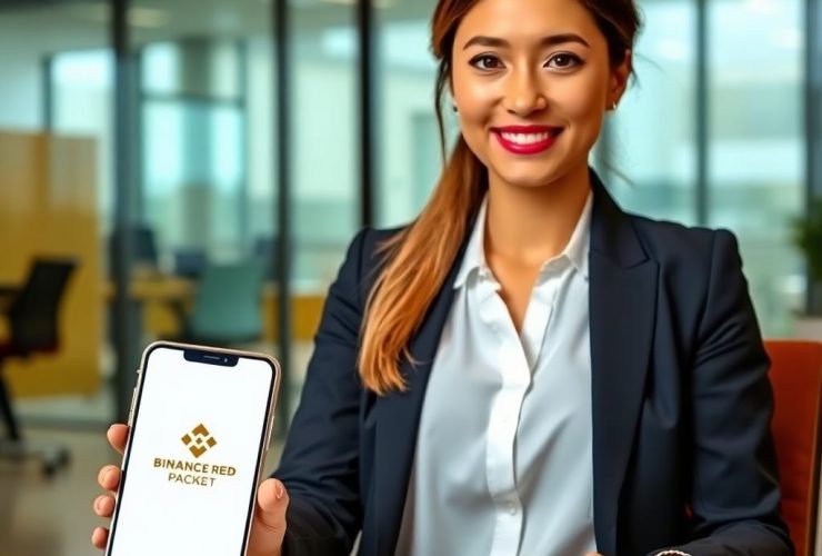 A woman in a dark blazer and white shirt sits at a desk, holding a smartphone with "Passive income with Binance Red Packet crypto rewards" text and logo on the screen, in a modern office setting with large windows.