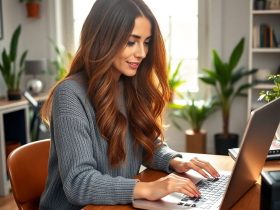 A beautiful woman working as a Social media content creation jobs to earn money from home, using a laptop and phone in a cozy office with plants and shelves.