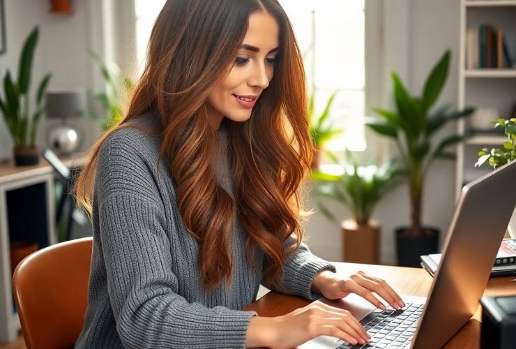 A beautiful woman working as a Social media content creation jobs to earn money from home, using a laptop and phone in a cozy office with plants and shelves.