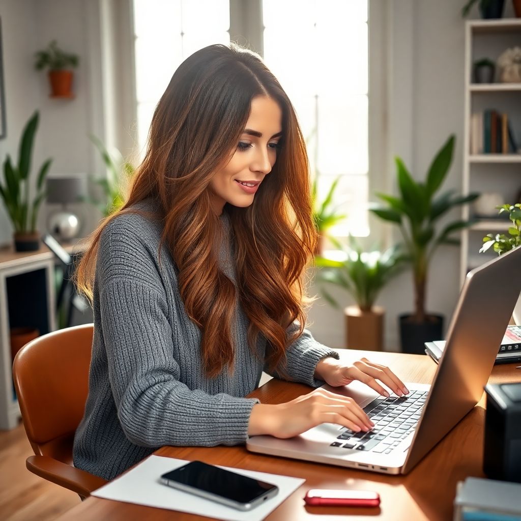 A beautiful woman working as a Social media content creation jobs to earn money from home, using a laptop and phone in a cozy office with plants and shelves.