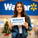 "A beautiful woman promoting Walmart Affiliate Program seasonal promotions, holding a sign in front of a Walmart store with festive lights in the background."