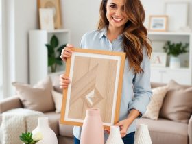 A woman with wavy brown hair in a gray shirt showcases stylish home decor products, including a framed wooden wall art and vases, in a cozy living room setting for the Walmart Affiliate Program.