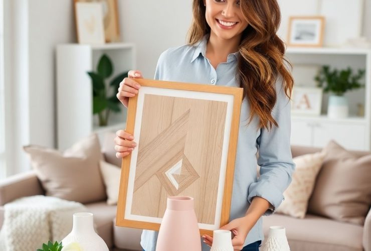 A woman with wavy brown hair in a gray shirt showcases stylish home decor products, including a framed wooden wall art and vases, in a cozy living room setting for the Walmart Affiliate Program.