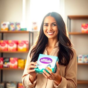 "Stunning woman promoting Walmart affiliate program best products with a confident smile, holding a product in a bright, retail-inspired setting."