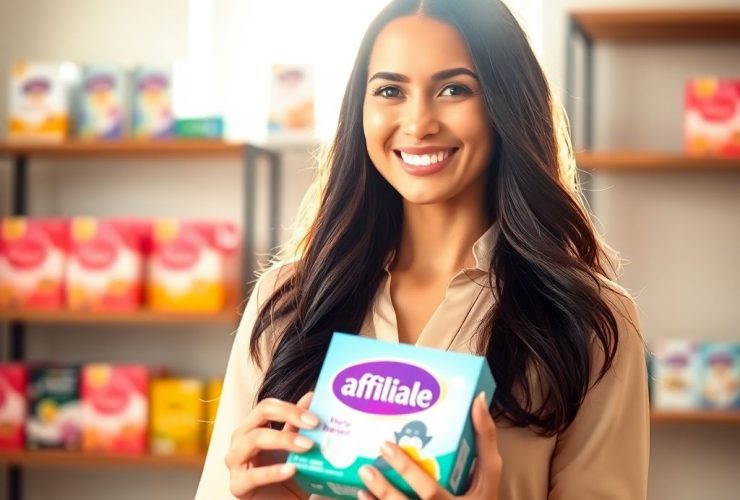 "Stunning woman promoting Walmart affiliate program best products with a confident smile, holding a product in a bright, retail-inspired setting."