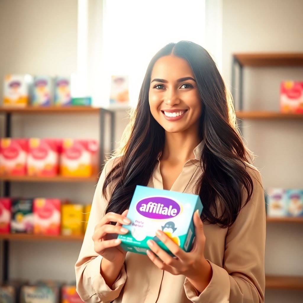 "Stunning woman promoting Walmart affiliate program best products with a confident smile, holding a product in a bright, retail-inspired setting."
