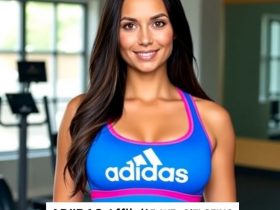 A woman in a vibrant Adidas sports bra stands in a gym, promoting Adidas affiliate programs for fitness bloggers.