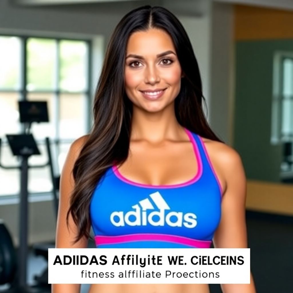 A woman in a vibrant Adidas sports bra stands in a gym, promoting Adidas affiliate programs for fitness bloggers.