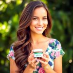 A stunning woman showcasing organic skincare products for sensitive skin, holding a cream jar, perfect for affiliate income hacks organic skincare, set against a lush green background.