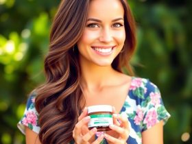A stunning woman showcasing organic skincare products for sensitive skin, holding a cream jar, perfect for affiliate income hacks organic skincare, set against a lush green background.