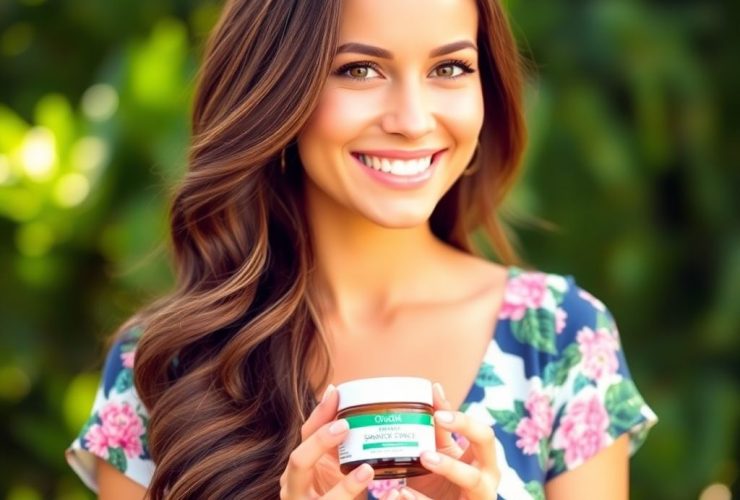 A stunning woman showcasing organic skincare products for sensitive skin, holding a cream jar, perfect for affiliate income hacks organic skincare, set against a lush green background.
