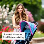 Stunning woman in a floral dress pushing a colorful travel stroller in a garden, highlighting top picks for affiliate income hacks.