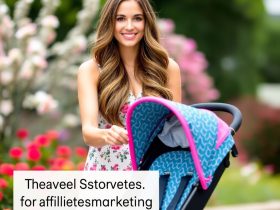 Stunning woman in a floral dress pushing a colorful travel stroller in a garden, highlighting top picks for affiliate income hacks.