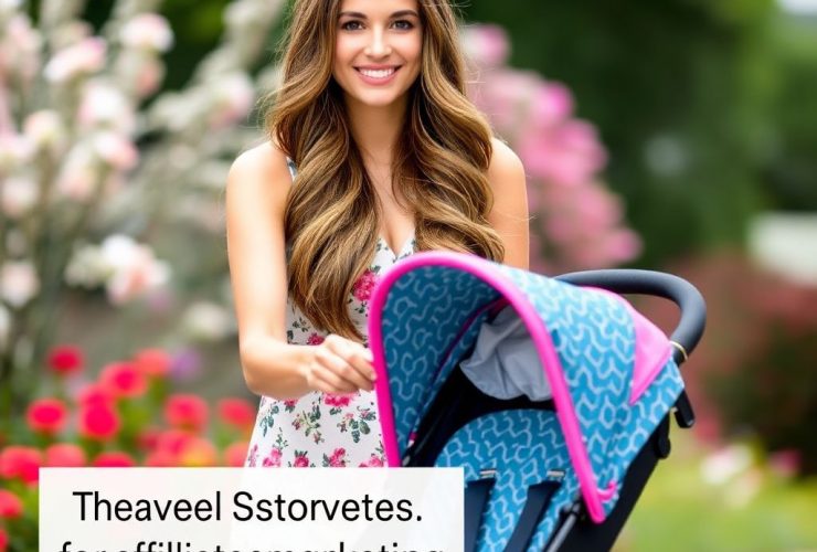 Stunning woman in a floral dress pushing a colorful travel stroller in a garden, highlighting top picks for affiliate income hacks.