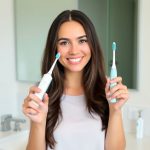 "Smiling woman holding two electric toothbrushes in a bathroom, promoting the best electric toothbrushes for kids affiliate success secrets in 2025."
