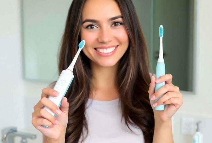 "Smiling woman holding two electric toothbrushes in a bathroom, promoting the best electric toothbrushes for kids affiliate success secrets in 2025."