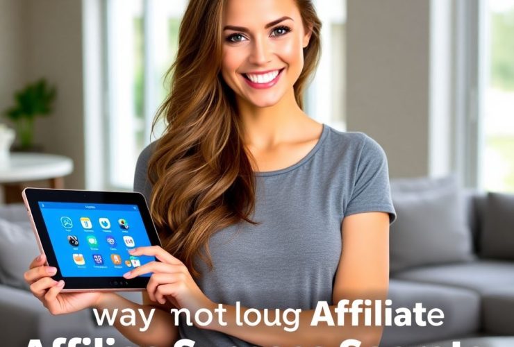 Stunning woman showcasing top affiliate success secrets smart home devices on a tablet in a modern living room.