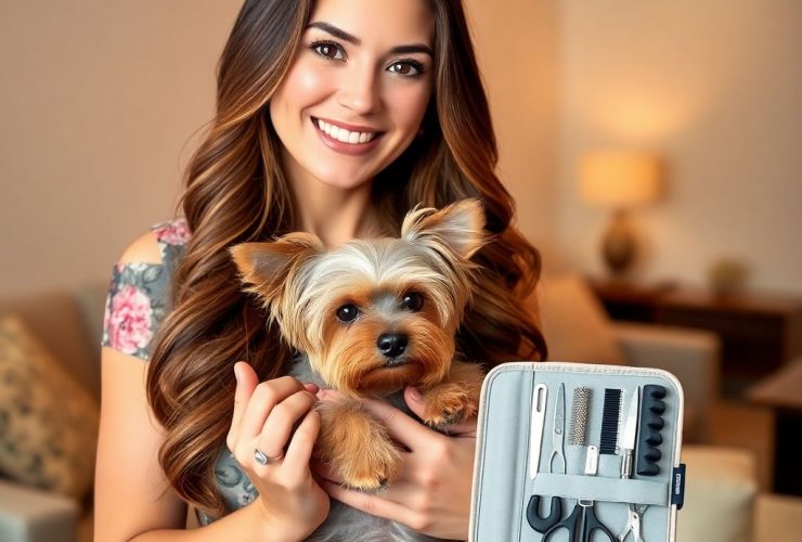 "Stunning woman showcasing top dog grooming kits for small breeds on Amazon to boost your commissions, holding a Yorkshire Terrier and grooming tools in a cozy living room."