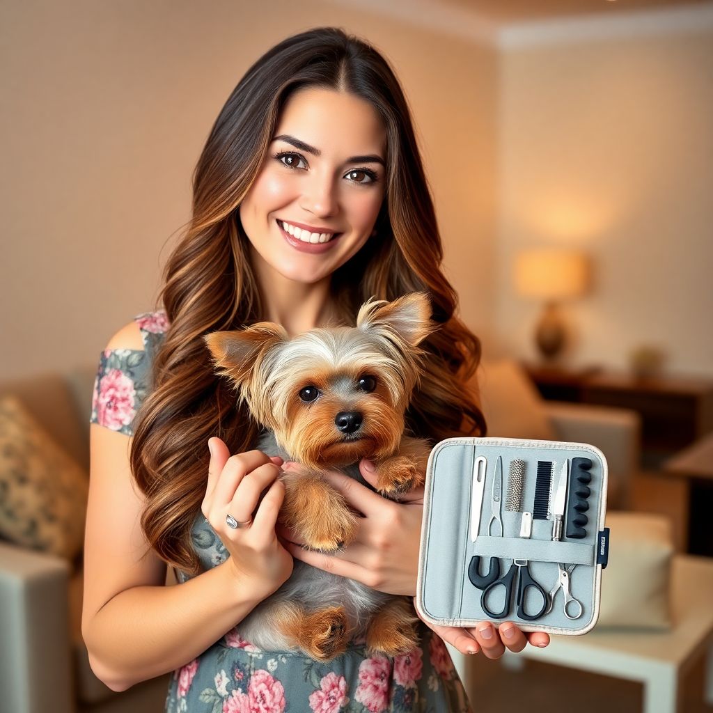 "Stunning woman showcasing top dog grooming kits for small breeds on Amazon to boost your commissions, holding a Yorkshire Terrier and grooming tools in a cozy living room."