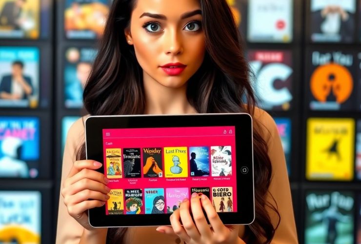 "A beautiful woman holding a tablet with colorful eBook covers, set against a digital screen backdrop, looking intrigued, perfect for creative ideas for eBook writing."