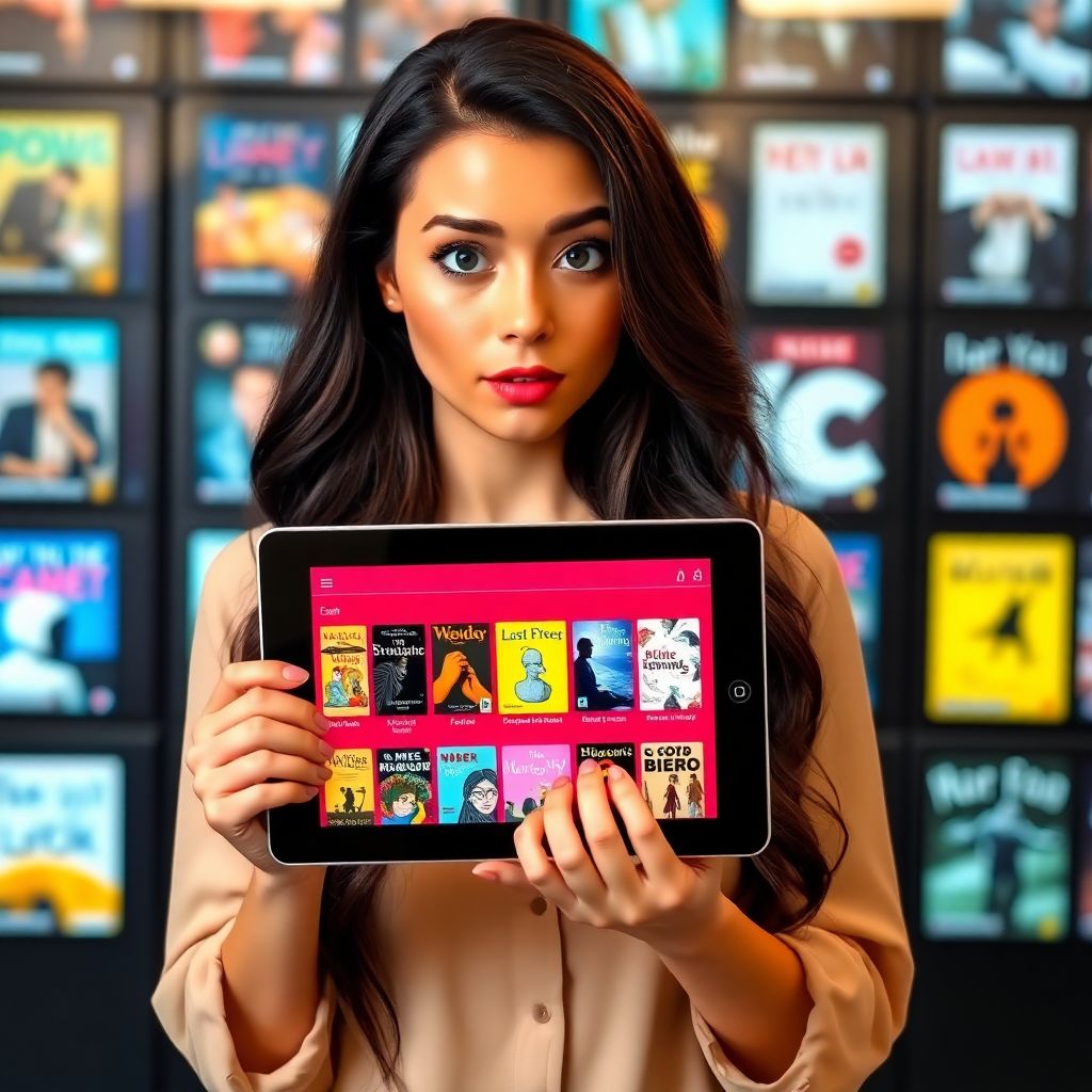 "A beautiful woman holding a tablet with colorful eBook covers, set against a digital screen backdrop, looking intrigued, perfect for creative ideas for eBook writing."