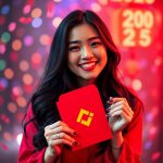 A beautiful woman smiling and holding a red Binance Red Packet, surrounded by confetti and festive lights, celebrating the chance to earn Free USDT with Binance Red Packet Codes 2025.