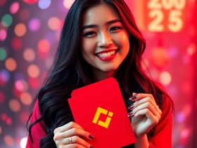 A beautiful woman smiling and holding a red Binance Red Packet, surrounded by confetti and festive lights, celebrating the chance to earn Free USDT with Binance Red Packet Codes 2025.