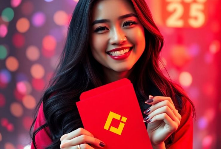A beautiful woman smiling and holding a red Binance Red Packet, surrounded by confetti and festive lights, celebrating the chance to earn Free USDT with Binance Red Packet Codes 2025.
