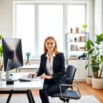 Professional woman in a black blazer sitting at a modern home office desk with a monitor, keyboard, and plants, in a well-lit office space with shelves, perfect for growing affiliate revenue.