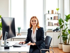 Professional woman in a black blazer sitting at a modern home office desk with a monitor, keyboard, and plants, in a well-lit office space with shelves, perfect for growing affiliate revenue.